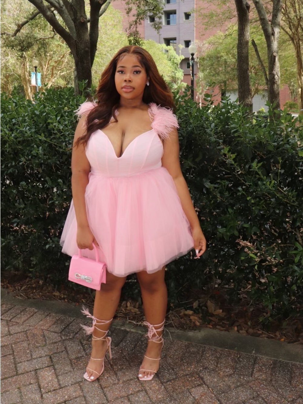 Pink Tulle Mini Dress with Feather Shoulder Detail